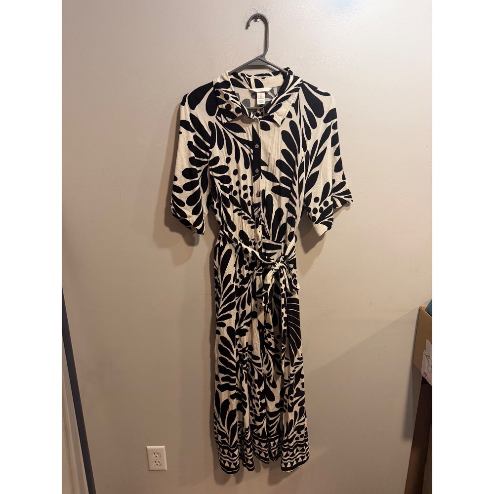 H&M Black White Tropical Leaf Print Shirt Dress Size L Viscose Midi Button Front
